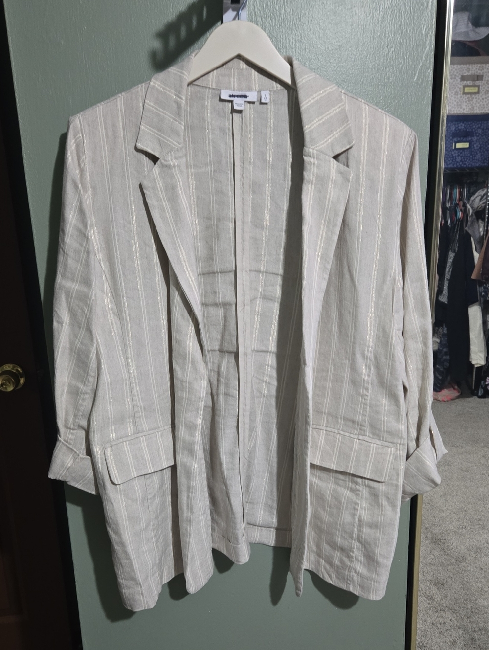 Chico's Natural Beige Striped Linen Open Blazer